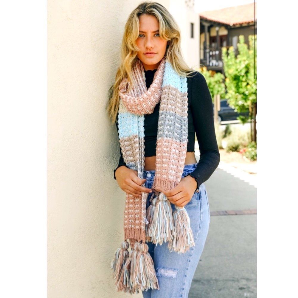 Chunky Knit Scarf Oversized Stripe Pink Winter NWT Cottagecore Comfy Blue Boho